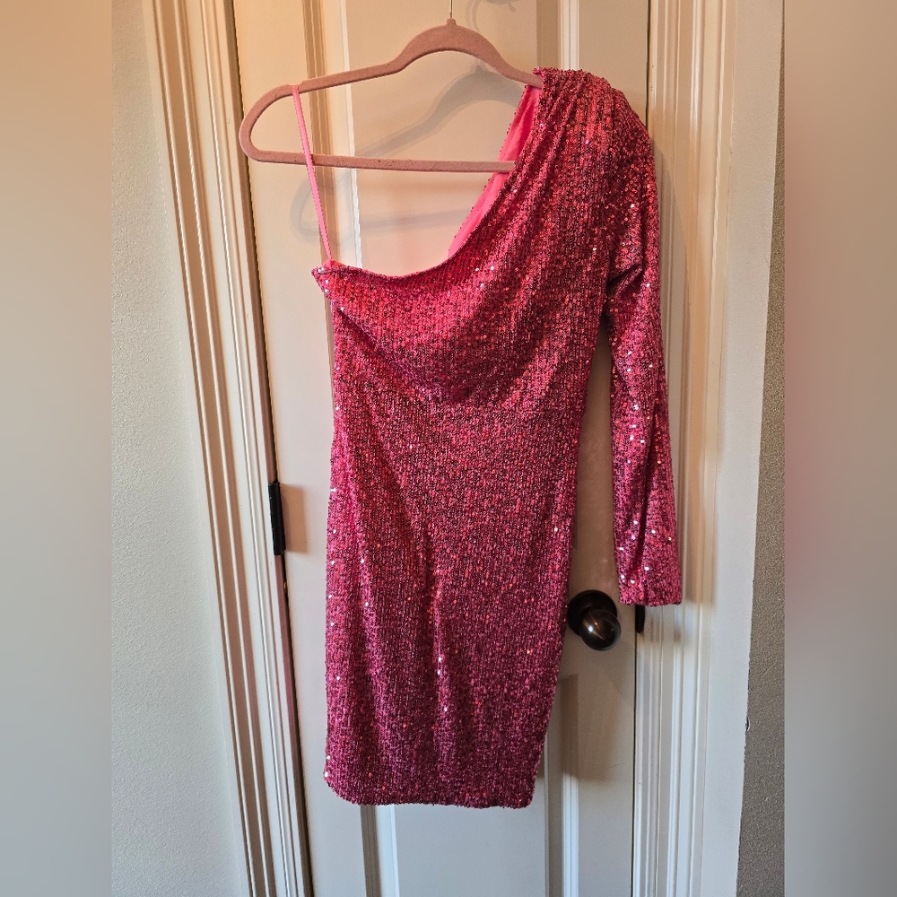 Fashion Nova Pink Glitter One-Shoulder Dress